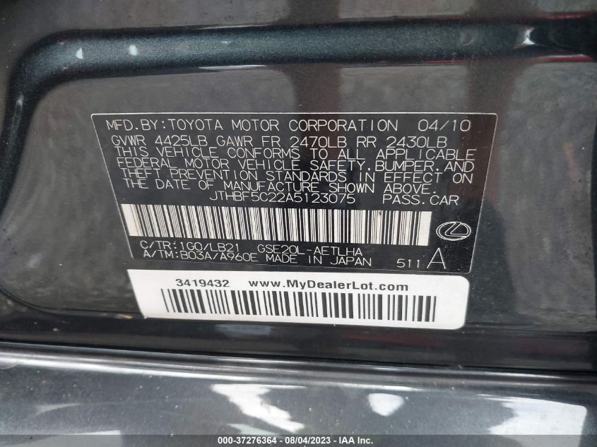 2010 Lexus Is 250 VIN: JTHBF5C22A5123075 Lot: 37276364