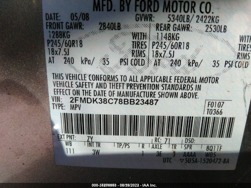 2FMDK38C78BB23487 2008 Ford Edge Sel