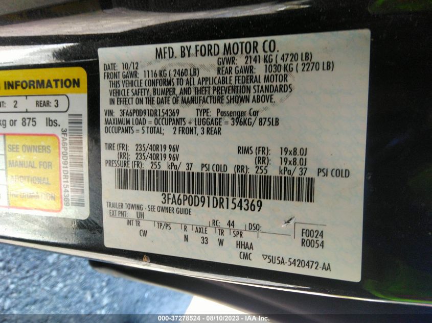 2013 Ford Fusion Titanium VIN: 3FA6P0D91DR154369 Lot: 37278524
