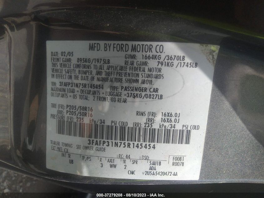 3FAFP31N75R145454 2005 Ford Focus Zx3