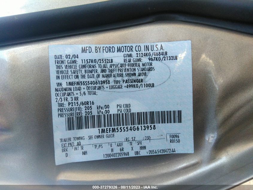 1MEFM55S54G613958 2004 Mercury Sable Ls Premium