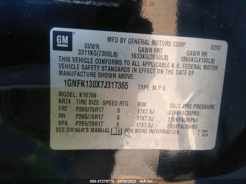 2007 Chevrolet Tahoe Ls VIN: 1GNFK130X7J317365 Lot: 37279770