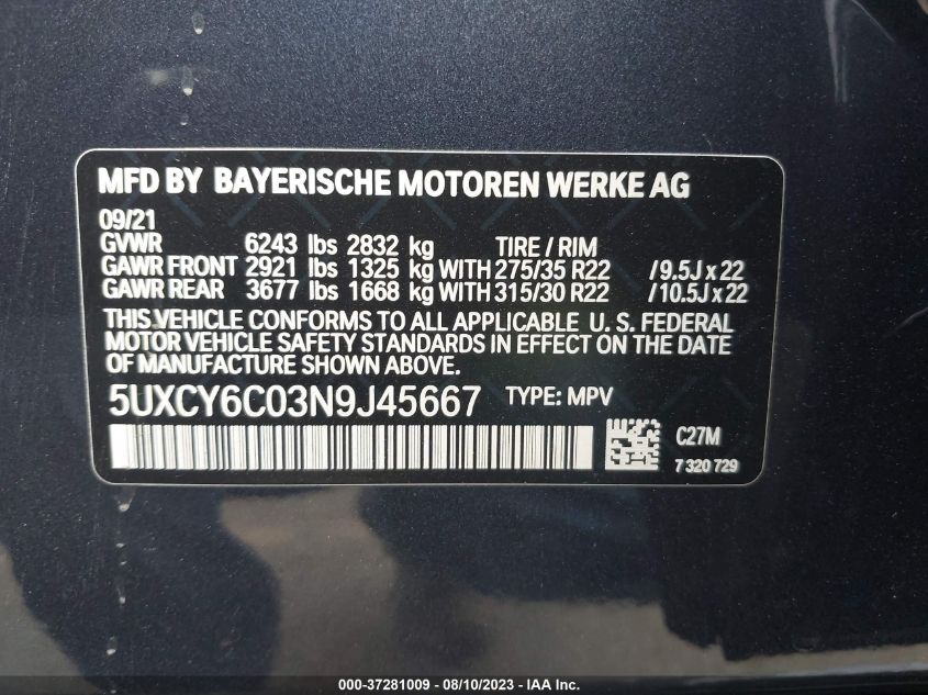 VIN 5UXCY6C03N9J45667 2022 BMW X6, Xdrive40I no.9