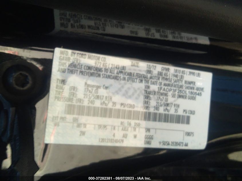 2013 Ford Focus Se VIN: 1FADP3F25DL180545 Lot: 37282381