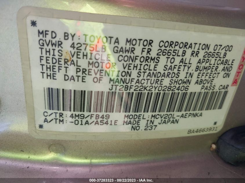 JT2BF22K2Y0282406 2000 Toyota Camry Le V6