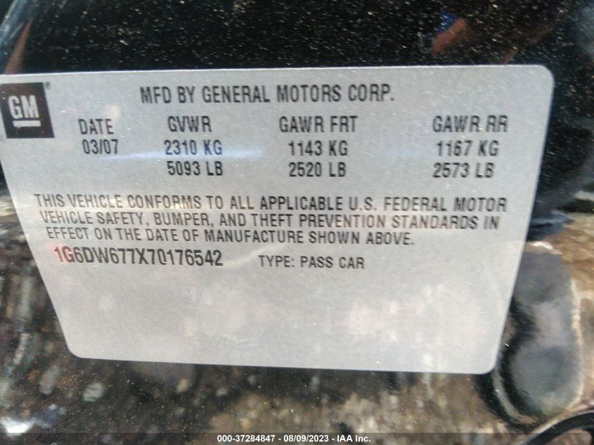 2007 Cadillac Sts V6 VIN: 1G6DW677X70176542 Lot: 37284847