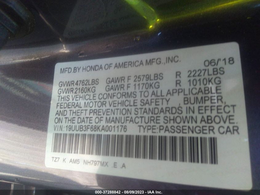 2019 Acura Tlx W/A-Spec Pkg VIN: 19UUB3F68KA001176 Lot: 37288842