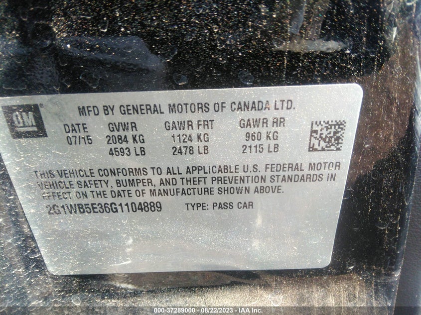 2016 CHEVROLET IMPALA LIMITED LT - 2G1WB5E36G1104889