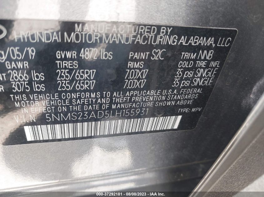 5NMS23AD5LH155931 2020 Hyundai Santa Fe Se