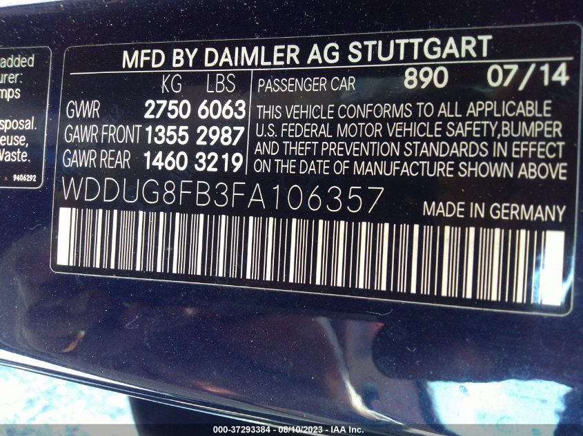 2015 Mercedes-Benz S-Class S 550 VIN: WDDUG8FB3FA106357 Lot: 37293384