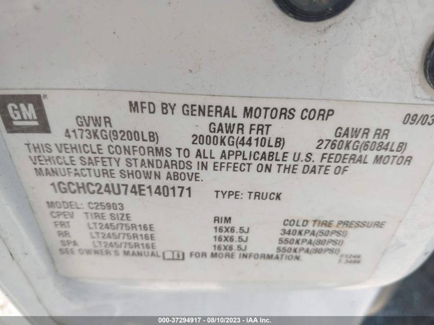 2004 Chevrolet Silverado 2500Hd VIN: 1GCHC24U74E140171 Lot: 37294917