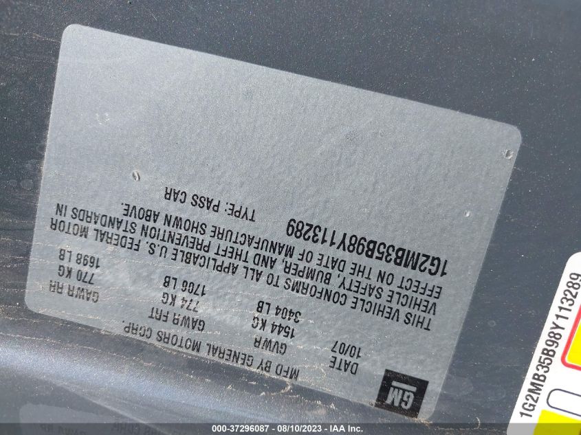 2008 Pontiac Solstice VIN: 1G2MB35B98Y113289 Lot: 37296087