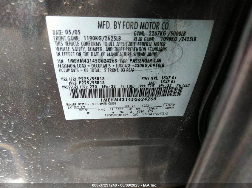 2005 Mercury Montego Premier VIN: 1MEHM43145G624268 Lot: 37297240