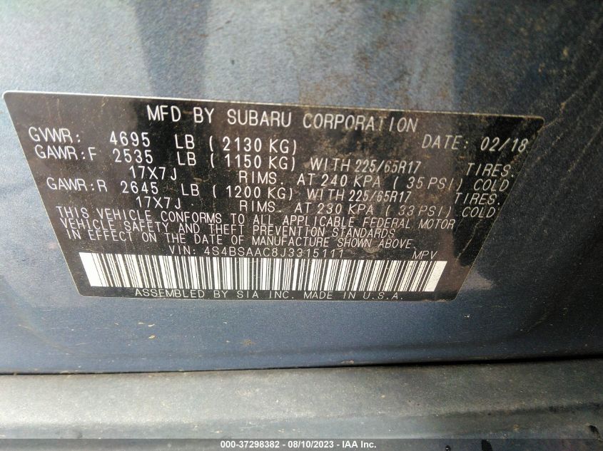 2018 Subaru Outback VIN: 4S4BSAAC8J3315111 Lot: 37298382