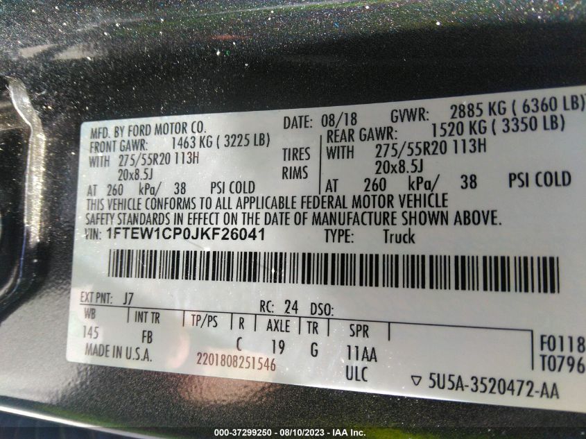 2018 Ford F-150 Xlt VIN: 1FTEW1CP0JKF26041 Lot: 37299250