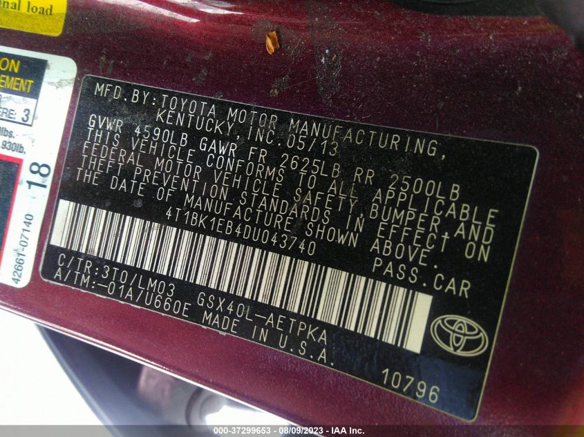 2013 Toyota Avalon Limited VIN: 4T1BK1EB4DU043740 Lot: 37299653