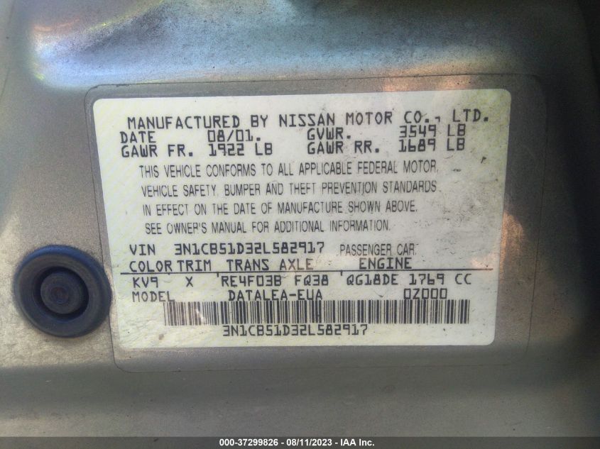 2002 Nissan Sentra Gxe VIN: 3N1CB51D32L582917 Lot: 37299826