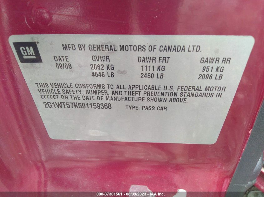 2G1WT57K591159368 2009 Chevrolet Impala Lt