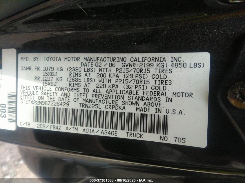 2006 Toyota Tacoma VIN: 5TETX22N96Z226429 Lot: 37301568