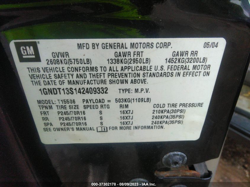 2004 Chevrolet Trailblazer Ls VIN: 1GNDT13S142409332 Lot: 37302178