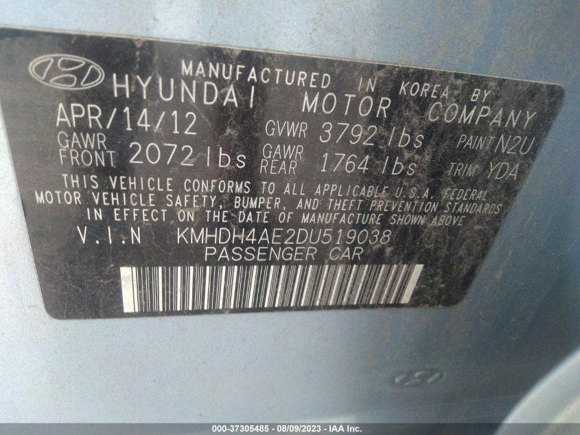 2013 Hyundai Elantra Gls (Ulsan Plant) VIN: KMHDH4AE2DU519038 Lot: 37305485