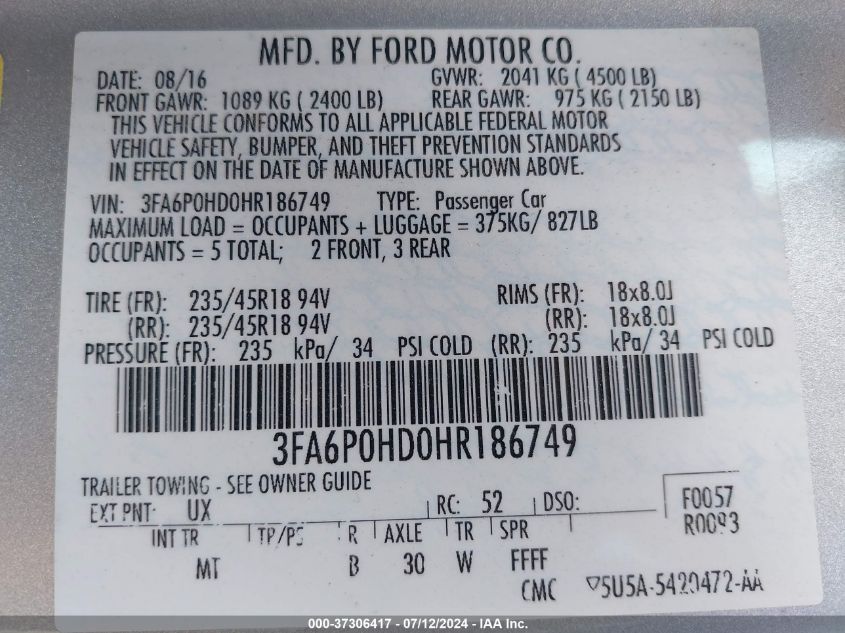 3FA6P0HD0HR186749 2017 Ford Fusion Se