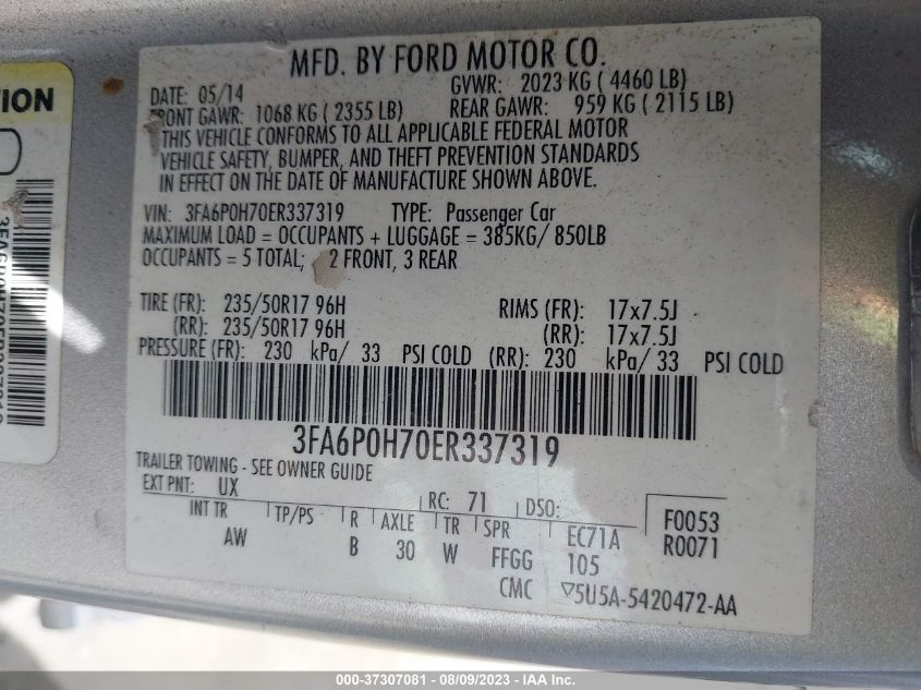 2014 Ford Fusion Se VIN: 3FA6P0H70ER337319 Lot: 37307081