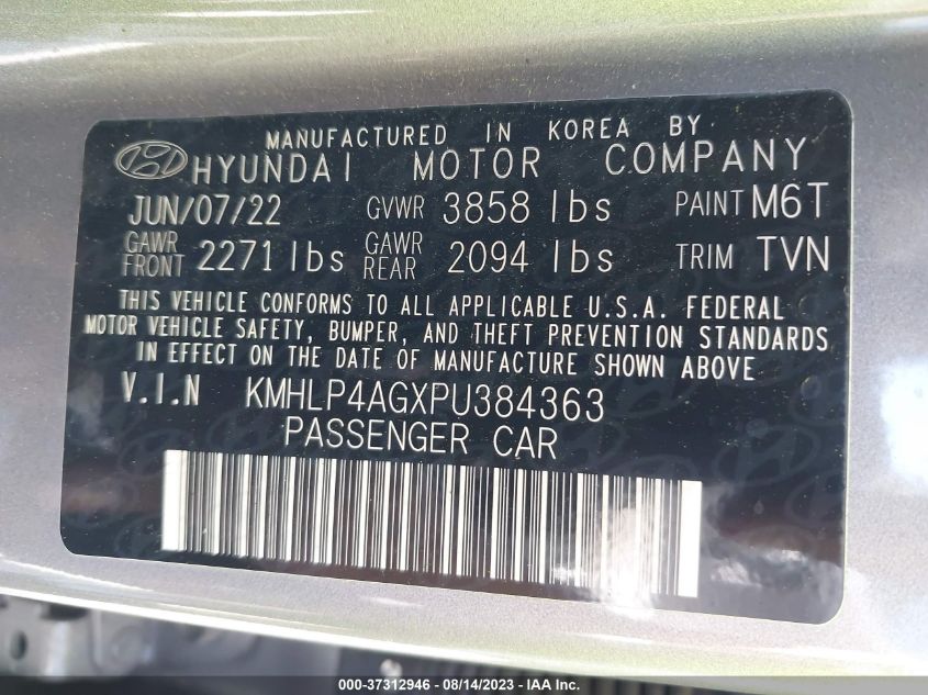 2023 Hyundai Elantra Limited VIN: KMHLP4AGXPU384363 Lot: 37312946