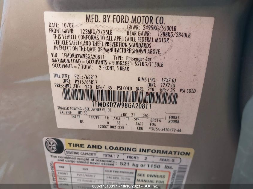 2008 Ford Taurus X Sel VIN: 1FMDK02W98GA20811 Lot: 37313317