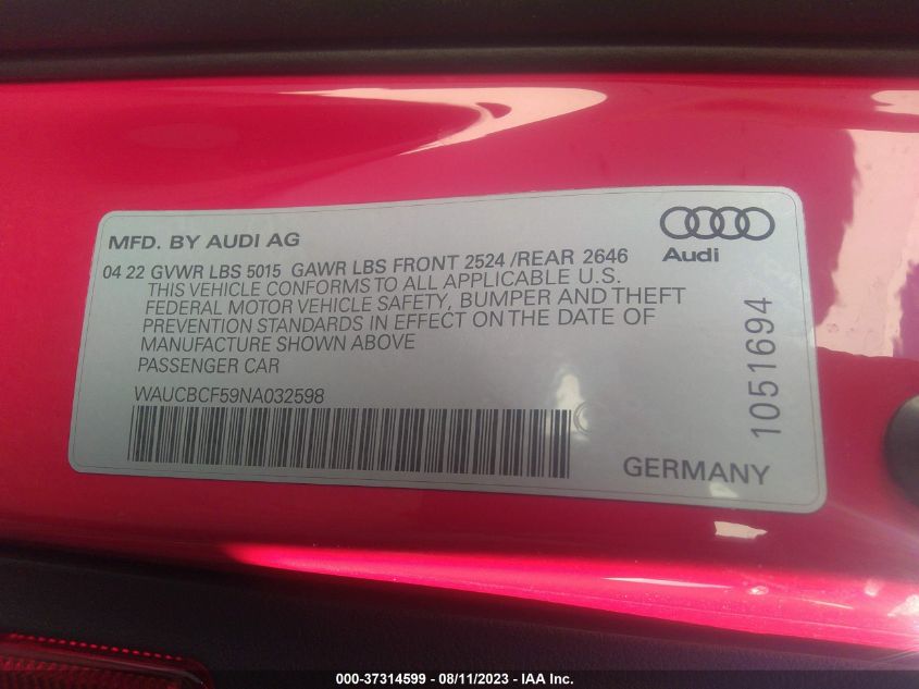 WAUCBCF59NA032598 2022 Audi A5 Sportback Premium Plus