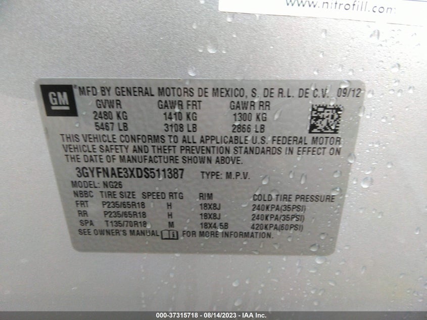 2013 Cadillac Srx Standard VIN: 3GYFNAE3XDS511387 Lot: 37315718