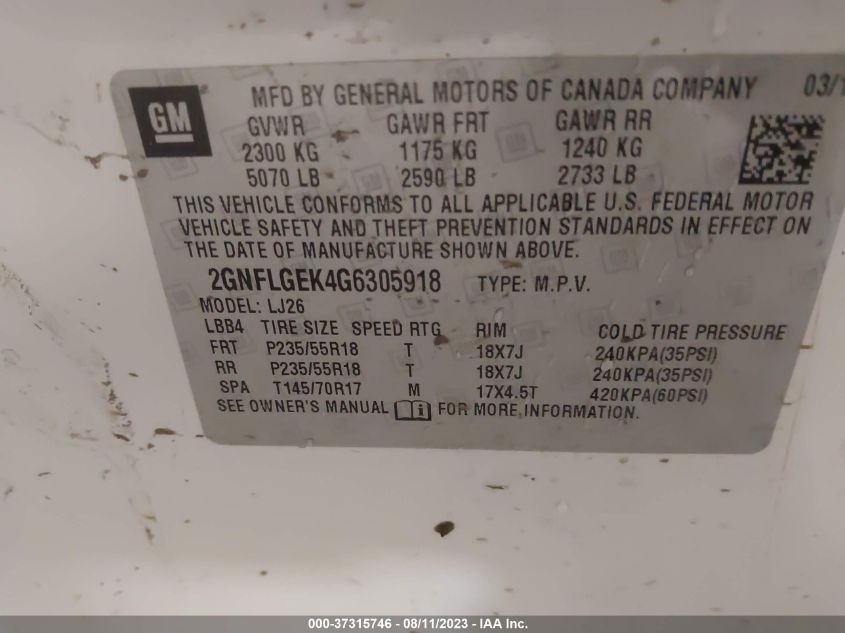 2GNFLGEK4G6305918 2016 Chevrolet Equinox Ltz