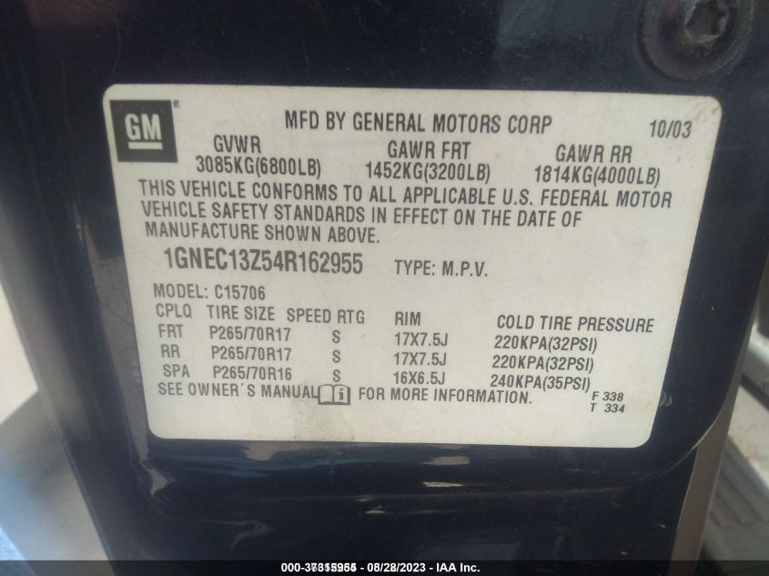 2004 Chevrolet Tahoe Lt VIN: 1GNEC13Z54R162955 Lot: 37315955