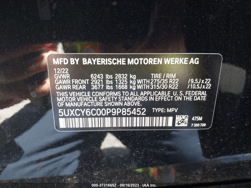 VIN 5UXCY6C00P9P85452 2023 BMW X6, Xdrive40I no.9