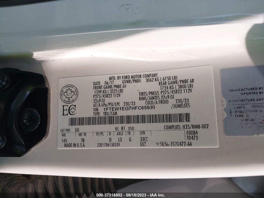 2017 Ford F-150 Limited VIN: 1FTEW1EG7HFC65930 Lot: 37316802