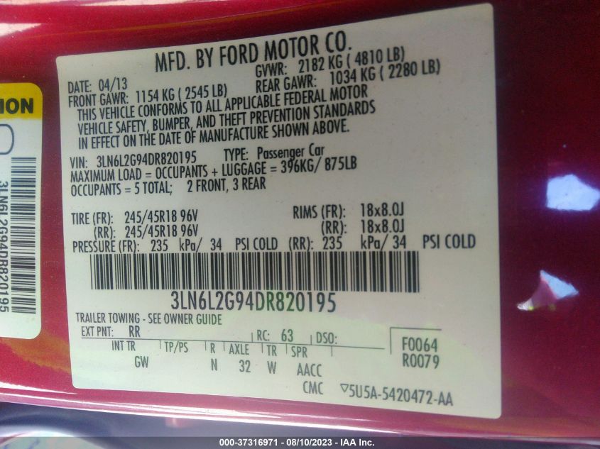 2013 Lincoln Mkz VIN: 3LN6L2G94DR820195 Lot: 37316971