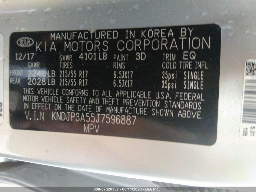 2018 Kia Soul + VIN: KNDJP3A55J7596887 Lot: 37320337