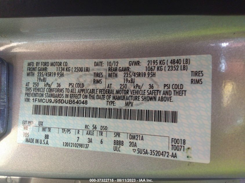 1FMCU9J95DUB64048 2013 Ford Escape Titanium