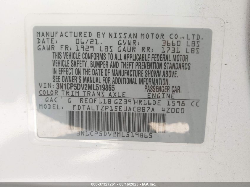 2021 Nissan Kicks Sr VIN: 3N1CP5DV2ML519865 Lot: 37327261