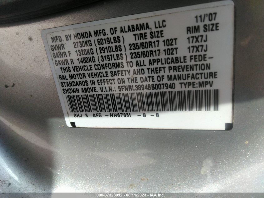 5FNRL38948B007940 2008 Honda Odyssey Touring