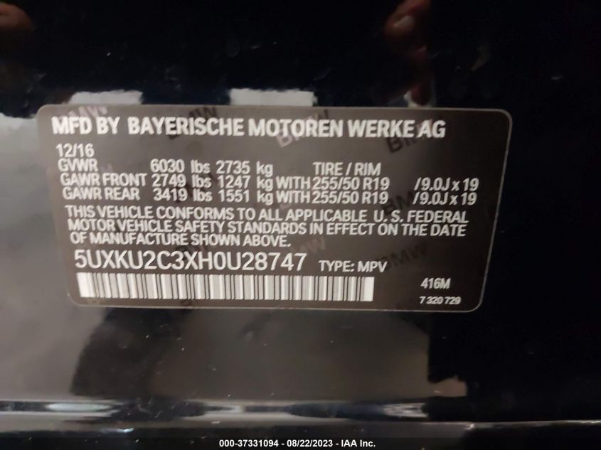 VIN 5UXKU2C3XH0U28747 2017 BMW X6, Xdrive35I no.9