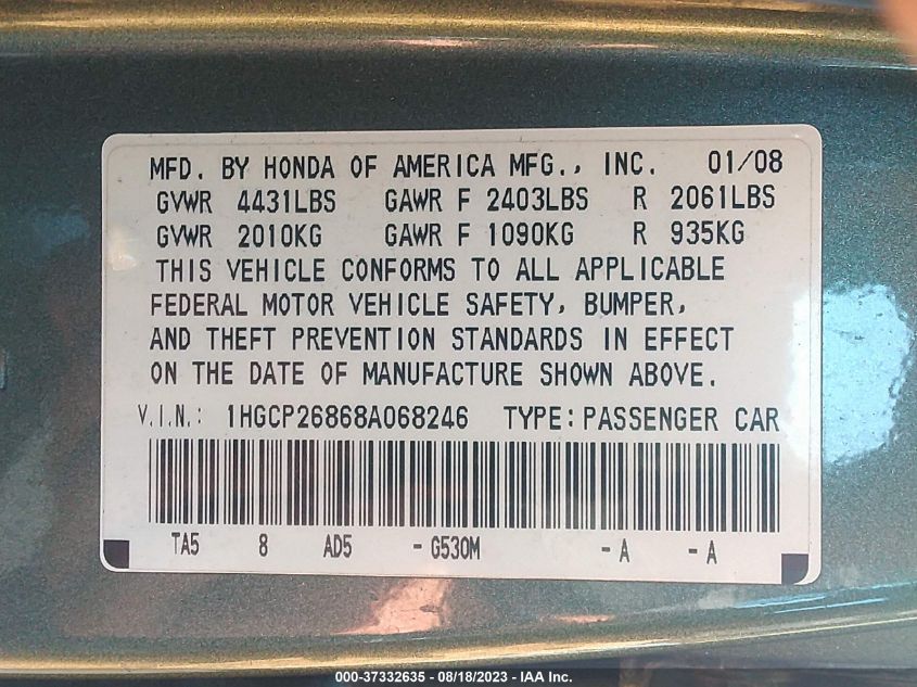 2008 Honda Accord Sdn Ex-L VIN: 1HGCP26868A068246 Lot: 37988083