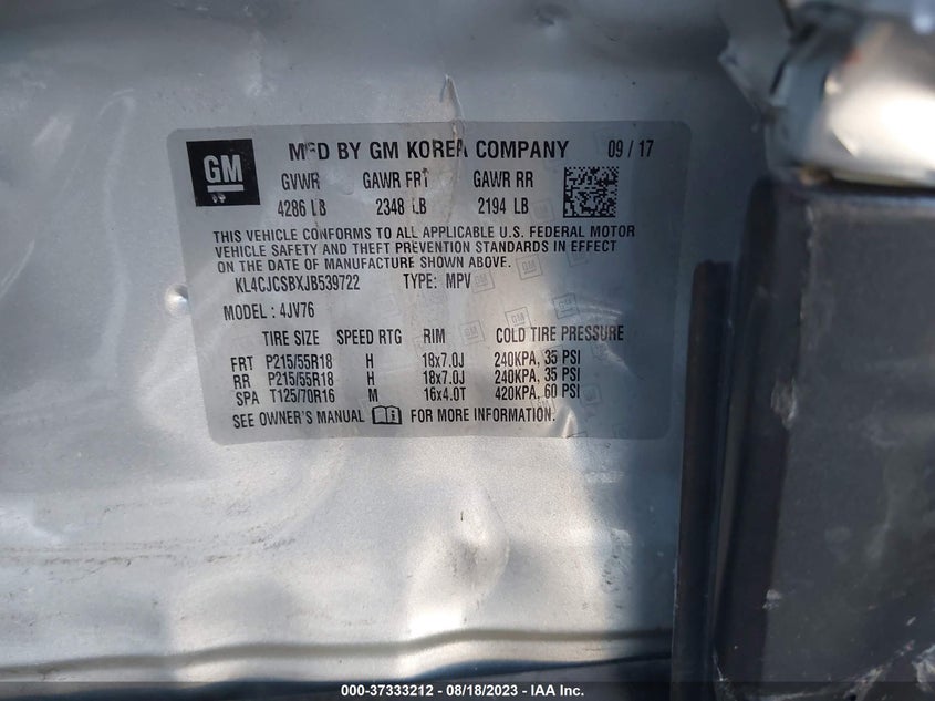 2018 Buick Encore Essence VIN: KL4CJCSBXJB539722 Lot: 37333212