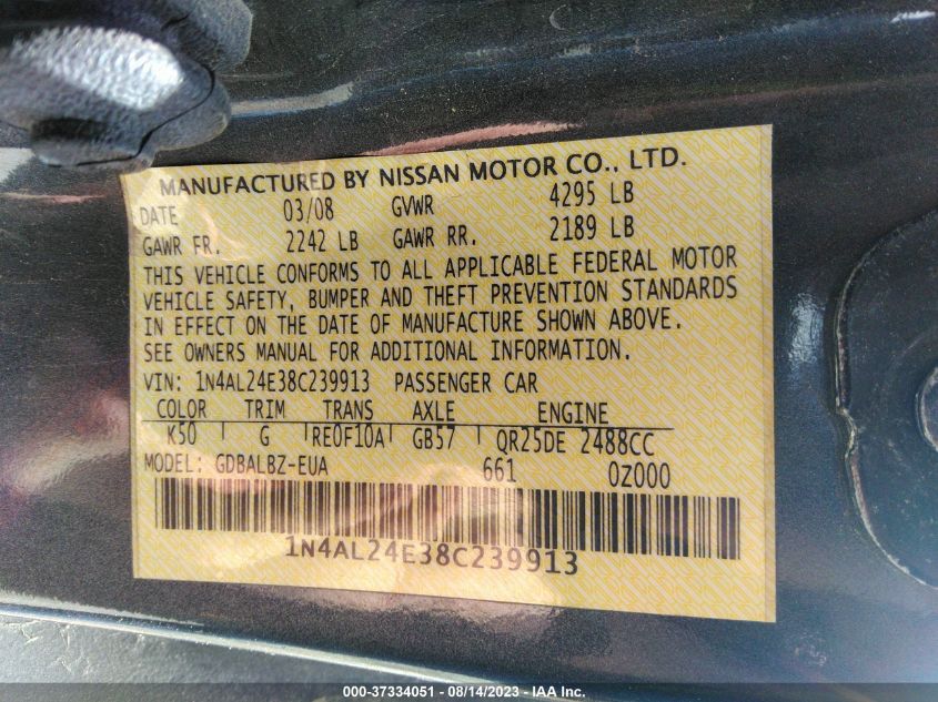 1N4AL24E38C239913 2008 Nissan Altima 2.5 S