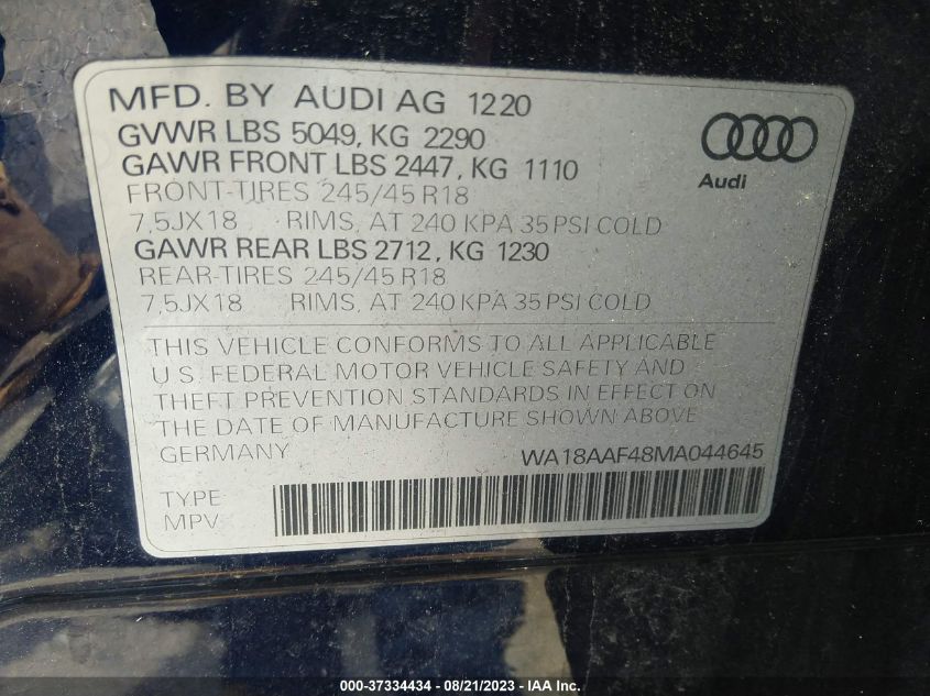 WA18AAF48MA044645 2021 Audi A4 Allroad Premium Plus 45 Tfsi Quattro S Tronic