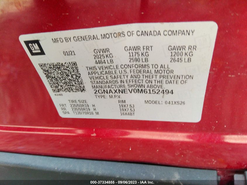 2GNAXNEV0M6152494 2021 Chevrolet Equinox Fwd Premier