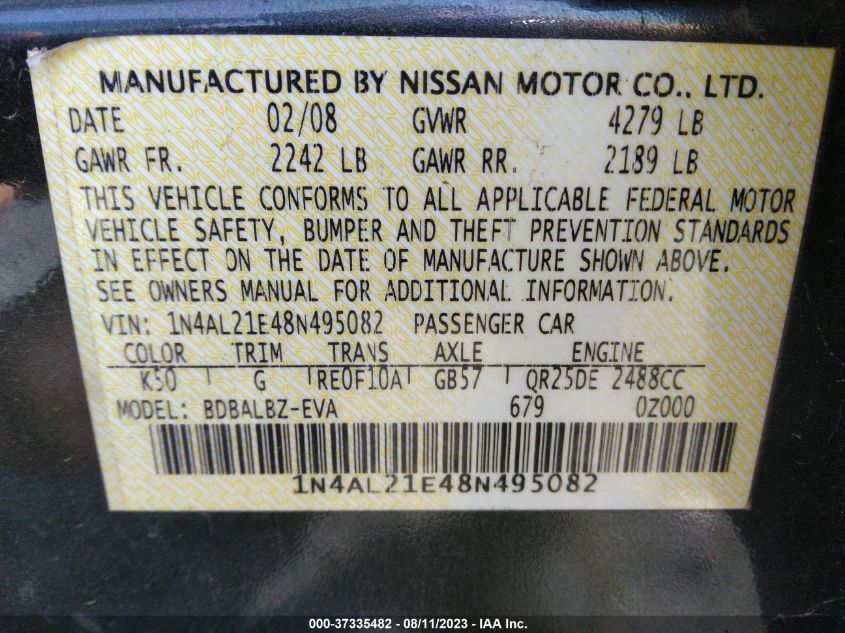 1N4AL21E48N495082 2008 Nissan Altima 2.5 S