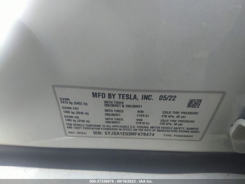 2022 Tesla Model S VIN: 5YJSA1E53NF479474 Lot: 37336074