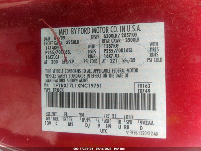 1999 Ford F-150 Xlt/Lariat/Xl VIN: 1FTRX17L1XNC19751 Lot: 37336195