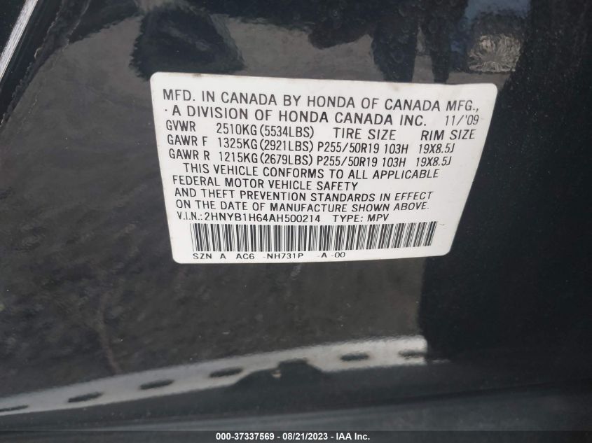 2010 Acura Zdx Advance Pkg VIN: 2HNYB1H64AH500214 Lot: 37337569